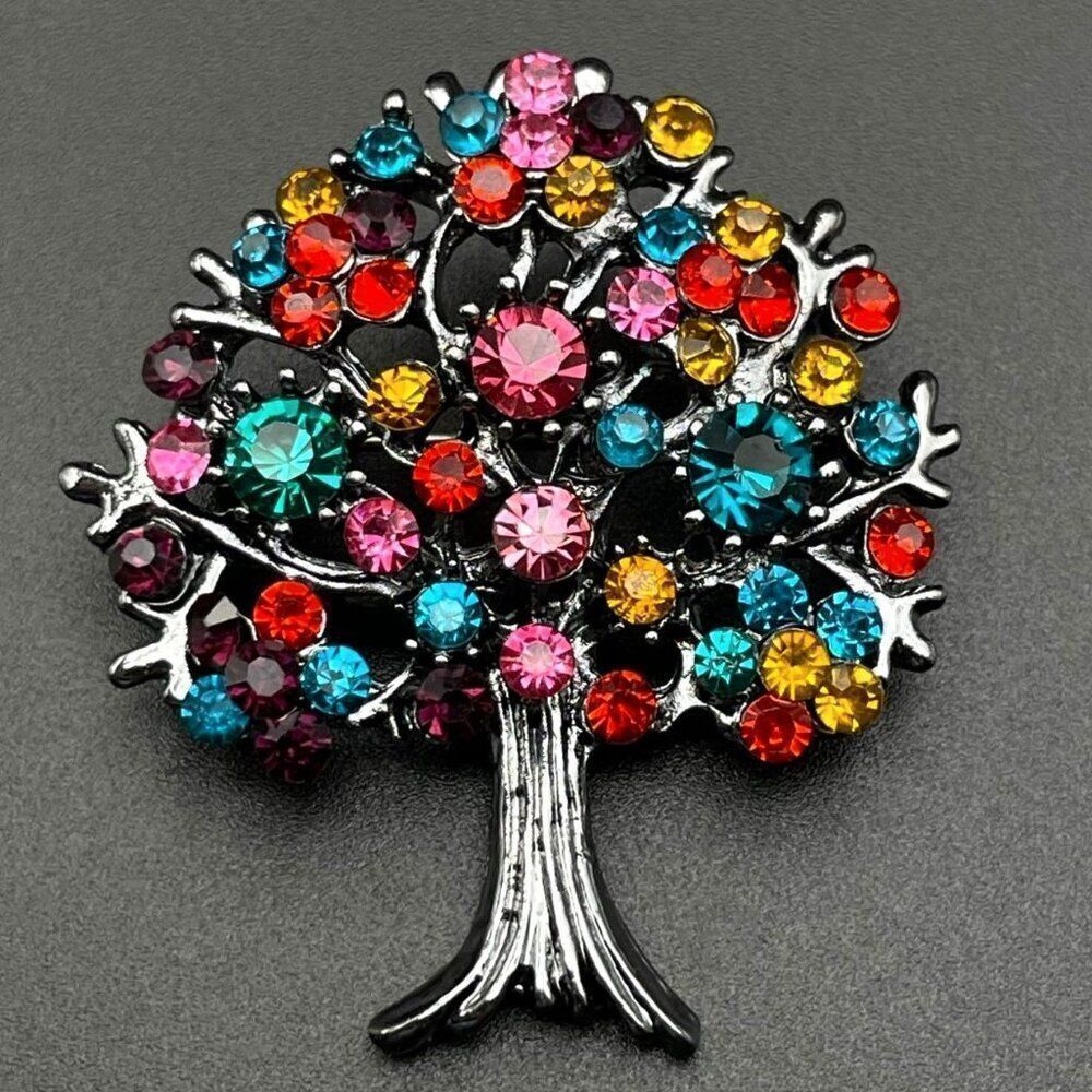 Gunmetal Gray with Multicolored Crystal Blooming Tree Pin Back Brooch